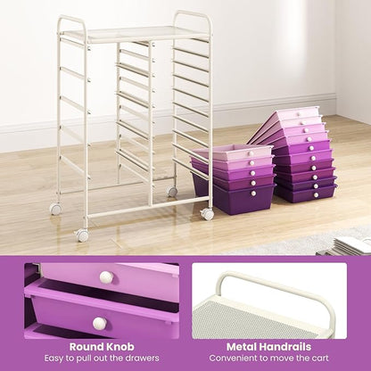 GOFLAME 15-Drawer Rolling Storage Cart, Multipurpose Movable Organizer Cart, Utility Cart for Home, Office, School, Purple Gradient