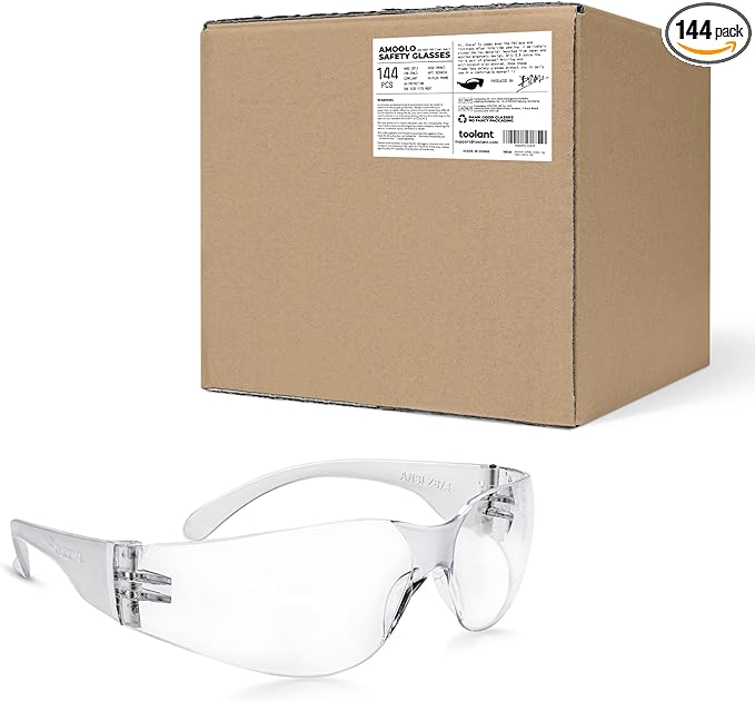 amoolo Safety Glasses for Men Women, Clear Eye Protection for Worl, Lab, Construction (Clear/Adult's Size, 144 Pack)