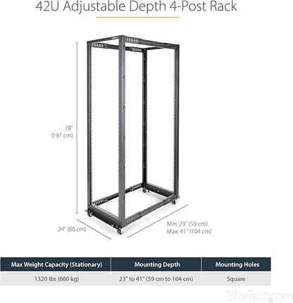 StarTech.com 4-Post 42U Mobile Open Frame Server Rack, 19in Network Rack with Wheels, Rolling Rack for Computer/AV/Data/IT Equipment - Casters, Leveling Feet or Floor Mounting (4POSTRACK42)