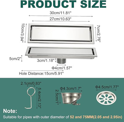 uxcell Rectangular Shower Drain, Brushed 304 Stainless Steel Odor-Proof Floor Drain Linear Shower Drain Hair Catcher for Bathroom Kitchen and Laundry Room(12 Inch, Brushed Silver)