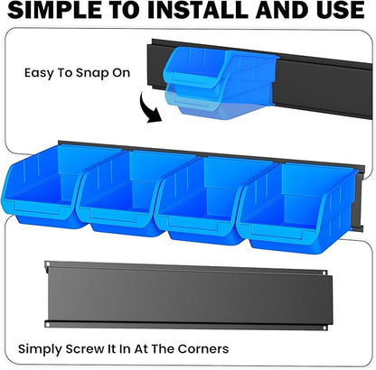 Ultrawall Wall Mounted Storage Bins, Plastic Hanging Storage Organizer Bins, Garage Tool Storage System for Screws, Nuts, Bolts, Nails, and Small Hardware Parts, 16x bins & 4 x rails, Blue