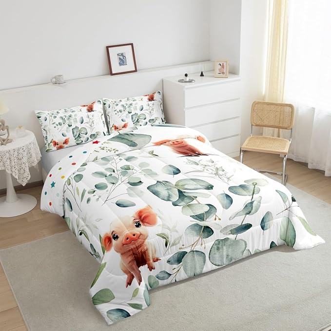 Erosebridal Kawaii Pig King Bedding Sets for Boys Girls Cartoon Animal Comforter Set, Eucalyptus Leaves Duvet Insert Farm Wildlife Down Comforter, Tropical Botanical Plants Bedding Comforter Sets
