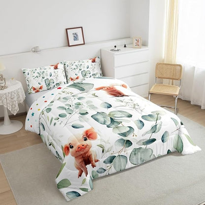 Erosebridal Kawaii Pig King Bedding Sets for Boys Girls Cartoon Animal Comforter Set, Eucalyptus Leaves Duvet Insert Farm Wildlife Down Comforter, Tropical Botanical Plants Bedding Comforter Sets