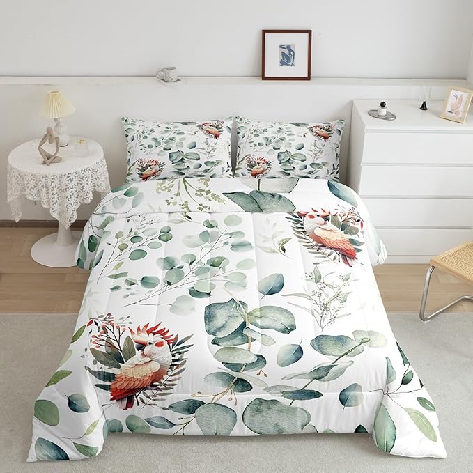 Erosebridal Cartoon Animal Bedding Full Size for Kids Toddler Kawaii Parrot Comforter Set Full, Wild Bird Duvet Insert Cute Wildlife Quilt Comforter, Green Eucalyptus Bedding Comforters & Sets