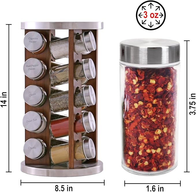 Orii 20 Jar Dark Acacia Wood Spice Rack with Spices Included - Rotating Tower Organizer for Kitchen Spices and Seasonings, (Dark Stained Acacia Wood)