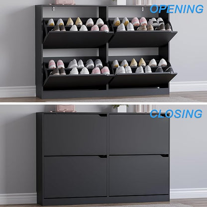 Shoe Cabinet with 4 Flip Drawers, Narrow Hidden Shoe Storage Cabinet, Slim Freestanding Shoe Rack Organizer for Entryway, Hallway, Bedroom, Living Room