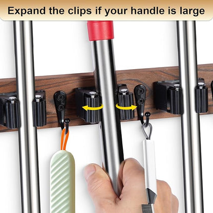 Broom Holder Wall Mount With 5 Slots & 4 Hooks，Rustic Wood Broom & Mop Hanger，Wall Mounted Garden & Garage Tool Storage Organizer Rack for Closet Laundry Room or Kitchen Wall Decor