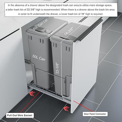 Dowell B18 Aluminum Base Wastebasket Pullout with Door Mount and Two 50Qt/13Gal Plastic Bins (4012 0218+50x2)