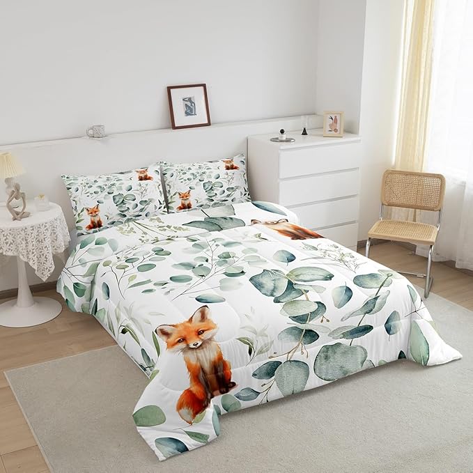 Erosebridal Girls Cartoon Animal Toddler Comforter Set for Kids Toddler Kawaii Fox Bedding Set, Woodland Wildlife Bedding Comforter Sets Jungle Wild Fox Duvet Set, Green Eucalyptus Quilted Comforter