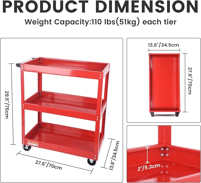3-Tier Commercial Utility Cart with Brake Wheels, Sturdy Steel Construction, 110 lbs Capacity, Red