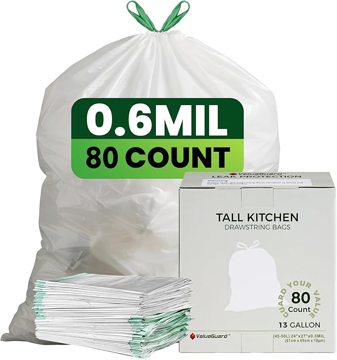 Large Trash Bag 13 Gallon Tall Drawstring 100% Post-Consumer Recycled Garbage Bag Waste Bag for Kitchen Office (80 Count, 0.6 Mil)
