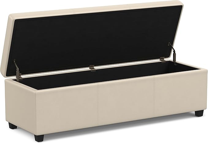 SIMPLIHOME Avalon 54 inch Wide Contemporary Rectangle Extra Large Storage Ottoman Bench in Satin Cream PU Faux Leather, Assembled, for The Living Room, Entryway and Family Room