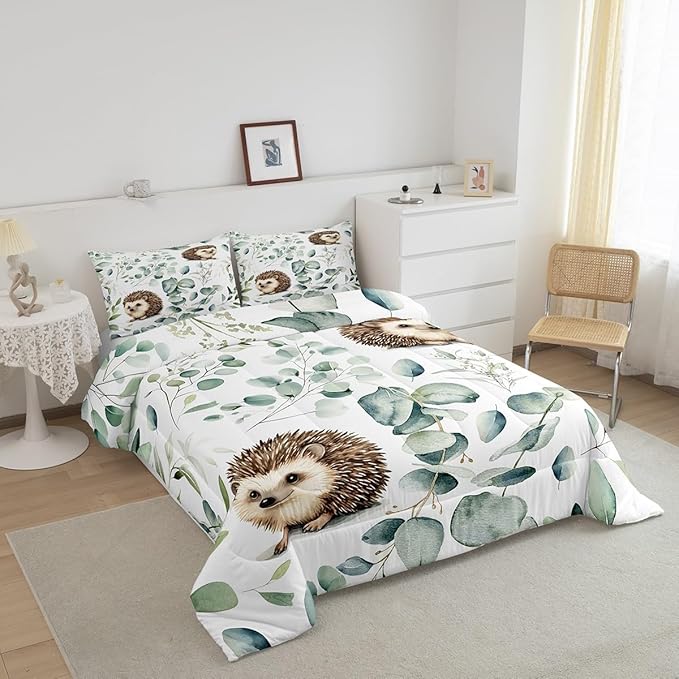 Erosebridal Cute Hedgehog Queen Size Comforter Set for Kids Child Green Eucalyptus Bedding Set, Woodland Animal Down Comforter Botanical Plant Leaves Bed Set, Cartoon Wildlife Quilted Duvet