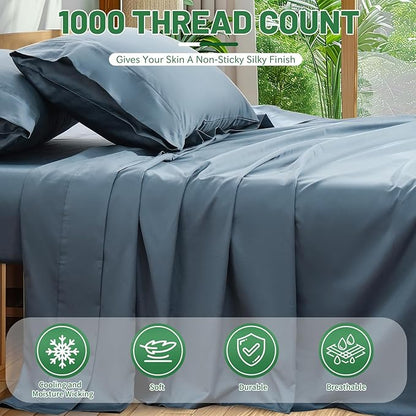 100% Egyptian Cotton Sheets Cal King Sheet Set 4PCS 1000 Thread Count Sateen Weave Soft Breathable 16-Inch Deep Pocket（California King,Dusty Blue）