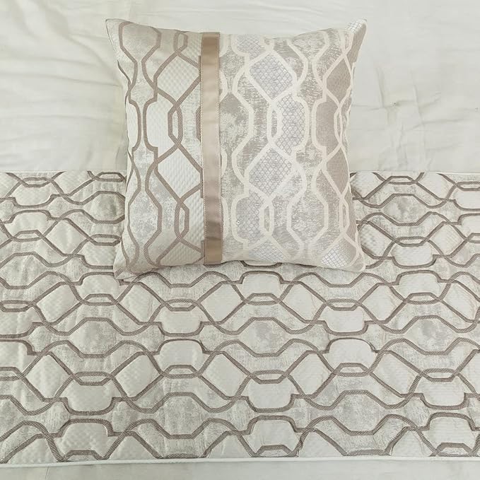 The HomeCentric King/Queen/Twin Ivory & Silver Decorative Twin 53"x18" Bed Runner Without Pillow Cover, Lattice & Quilted Bed Scarf on Jacquard Silk Fabric - Ivory Delicacy