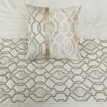 The HomeCentric King/Queen/Twin Ivory & Silver Decorative Twin 53"x18" Bed Runner Without Pillow Cover, Lattice & Quilted Bed Scarf on Jacquard Silk Fabric - Ivory Delicacy