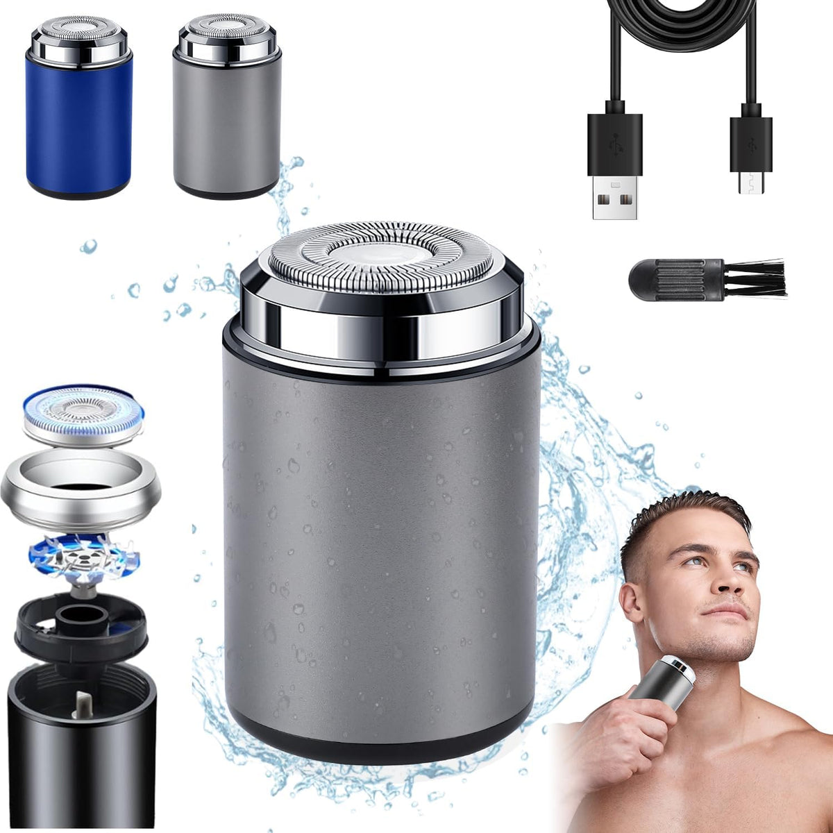 Mini Electric Shaver, Portable Mini Electric Shaver, Pocket Size MiniElectricShaver for Men, USB Rechargeable Waterproof ShaverElectric Beard Trimmer for Home, Car, Office, Business Trip (Gray)
