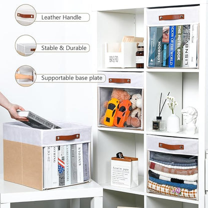 HNZIGE Fabirc Storage Cube Bins 13x13x15 Storage Cube Bins, 4 Pack Foldable Decorative Clear Cube Storage Bins for Cube Organizer Canvas Cubby Storage Organizer Bins for Shelves Pantry- White Beige