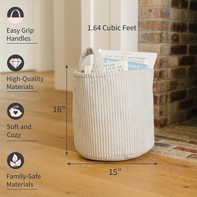 PUTSKA Blanket Basket – Round Storage for Toys and Blankets, Clothes, Stuffed Animals – Soft Baby Girl Basket for Nursery, Kids Room, Bedroom, Living Room – Large, Grey