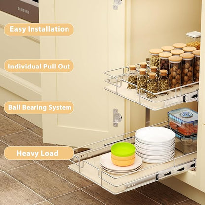 ROOMTEC 2 Tier Individual Pull Out Cabinet Organizer 10½"W x 21½"D, Slide Out Wood Shelves Organizers, Pull Out Drawers Organization and Storage for Kitchen Cabinet