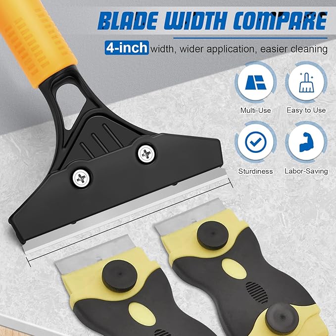 Floor Scraper Heavy Duty with Long Handle, 4 Inch Razor Blade Floor Scraper with 10PCS Extra Metal Blades,Paint Scrapers for Cleaning Wall Glass Tile Floor Paint Gum Stains Stickers Linoleum