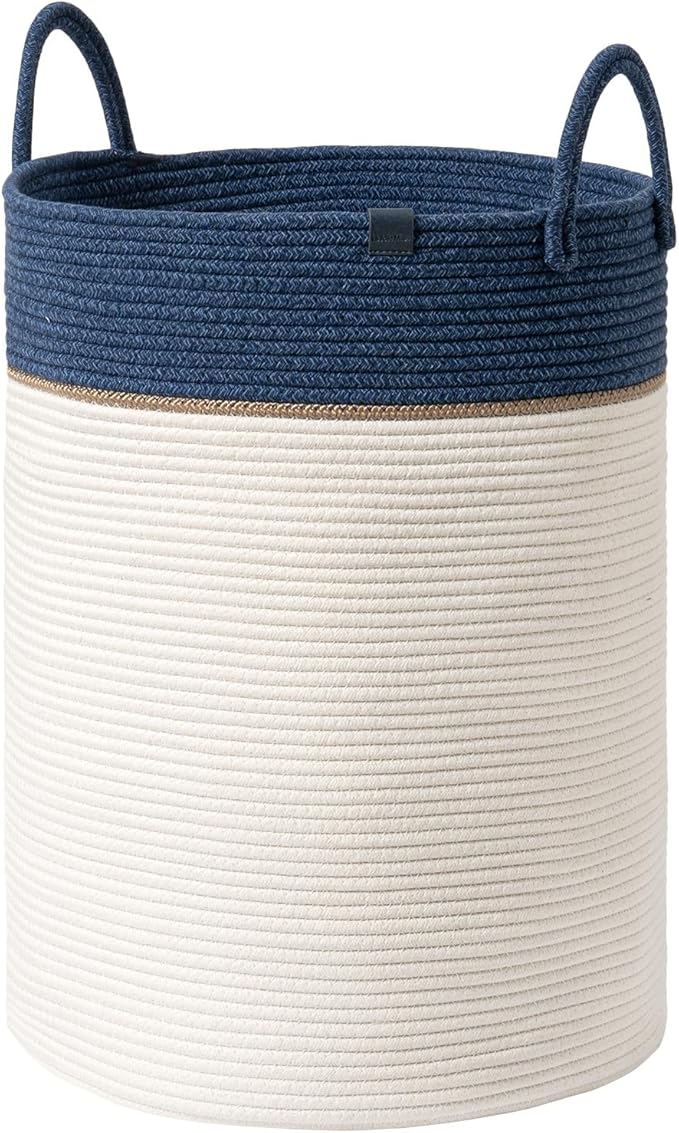 LA JOLIE MUSE Woven Basket Rope Storage Baskets - Large Cotton Organizer, Basket for Baby Blanket, Kids Toy Nursery Laundry Basket Navy Blue XL