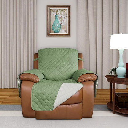 PureFit Reversible Quilted Sofa Cover, Water Resistant Slipcover Furniture Protector, Washable Couch Cover with Non Slip and Elastic Straps for Kids, Dogs, Pets (Oversized Recliner, Sage Green/Ivory)
