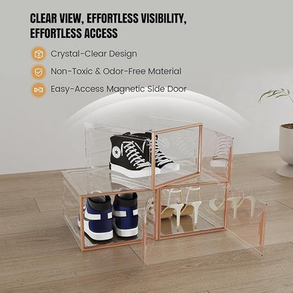 X-Large Stackable Shoe Boxes - Clear Plastic Shoe Storage Boxes with Magnetic Door, Thicken Shoe Organizer for Closet, Space Saving Foldable Shoe Containers Bins for Sneaker Boot - 6 Pack(Brown)