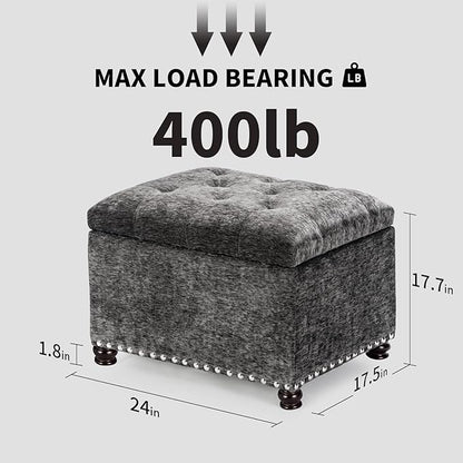 Joveco Storage Ottoman Bench, Rectangle 24" Velvet Foot Rest Stool Square Footstool for Living Room, Bedroom, Charcoal Grey