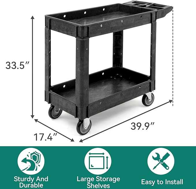 YITAHOME Utility Cart on Wheels, Plastic Tool Cart 550 lbs Capacity Service Cart, 40 x 17 Inch 2 Shelf Extra Heavy Duty Rolling Work Carts for Warehouse, Garage, School & Office, Cleaning, Black