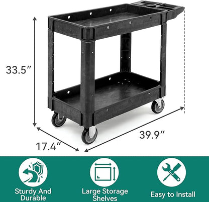 YITAHOME Utility Cart on Wheels, Plastic Tool Cart 550 lbs Capacity Service Cart, 40 x 17 Inch 2 Shelf Extra Heavy Duty Rolling Work Carts for Warehouse, Garage, School & Office, Cleaning, Black