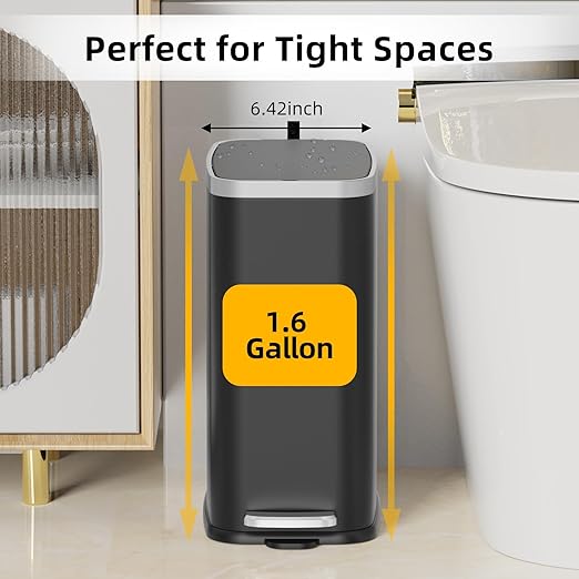 Stainless Steel Bathroom Trash Can with Lid Soft Close,1.6 Gallon Slim Garbage can,Small Metal Step Wastebasket for Office, Bedroom, Toilet, Black