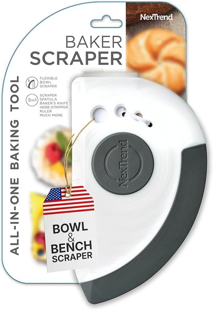 Nextrend BakerScraper – 5-in-1 Flexible Bowl Scraper, Bench Scraper and Dough Scraper with Stainless Steel Edge, Ruler & Herb Stripper – BPA Free, Dishwasher Safe - Gray