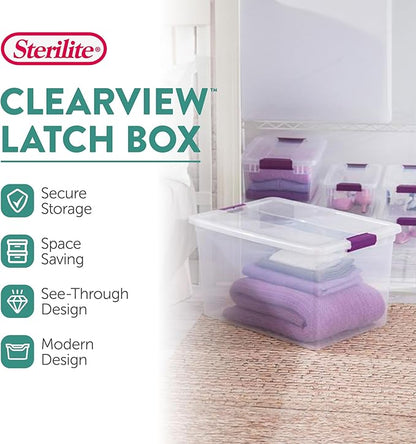Sterilite 6 Pack 66 Quart ClearView Latch Box, Stackable Organizer Bins with Latching Lids - Clear Plastic Organization Containers for Closet, Bedroom, Shelving Units and Everyday Home Storage