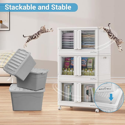 BROVIEW 140Gal Stackable Storage Bins with Lids & Wheels, 560Qt Plastic Collapsible Closet Organizer and Storage Drawers, Storage Boxes Cabinets for Home, Office, 7 Pack, White