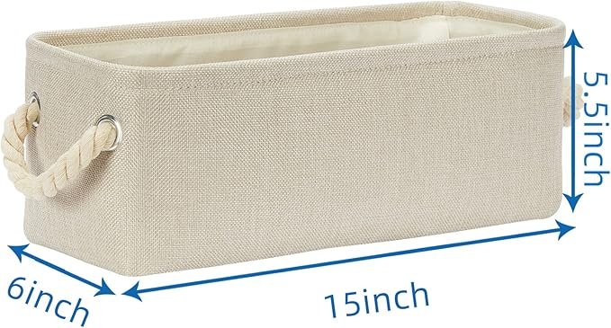 Temary Small Fabric Storage Baskets for Storage Home, Narrow Rectangle Basket with Rope Handles, Decorative Basket for Organizing Toilet Tank Top, Towels, Toilet Paper (Beige, 15Lx6Wx5.5H Inches)
