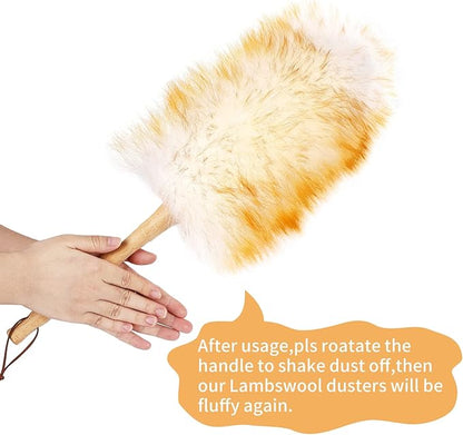 Lambs Wool Duster with Solid Bamboo Handle,Leather Hang Strap,18.9 inch Long,Natural Feather Duster for Cleaning Ceiling Fans,Window Blinds,Computer Screens,Bookshelves etc
