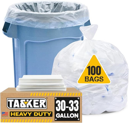 Tasker 30-33 Gallon Trash Bags Heavy Duty (Value 100/Bags w/Ties) Clear Large Plastic Recycling Garbage Bags. 30 Gal, 32 Gallon Clear Large Trash Bags