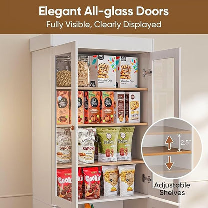 70.8" Tall Farmhouse Kitchen Pantry Cabinet with Glass Doors, Modular Storage Cabinet with 6-Tier Adjustable Shelves, White, Wooden Hutch for Kitchen, Living Room