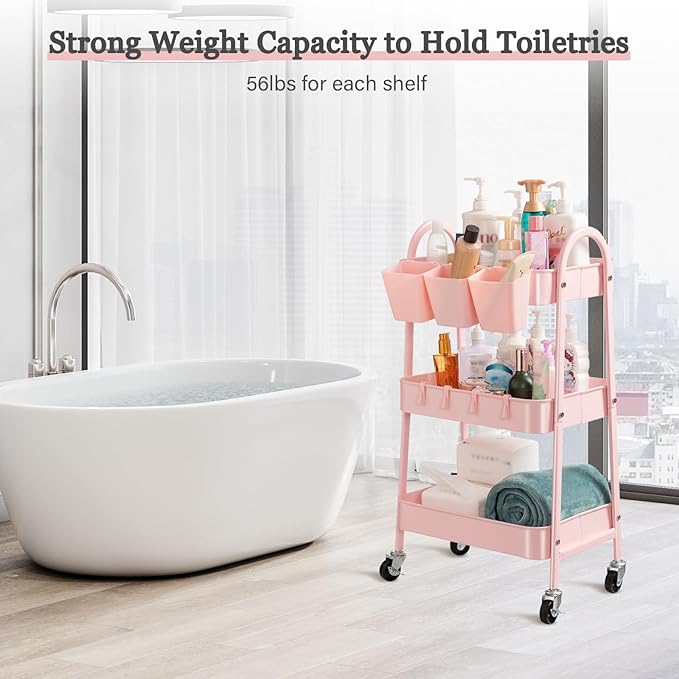 Danpinera 3-Tier Rolling Cart, Metal Storage Cart with Lockable Wheels, Hanging Cups & Hooks, Mobile Trolley for Kitchen, Bathroom, Office, Workshop, Pink