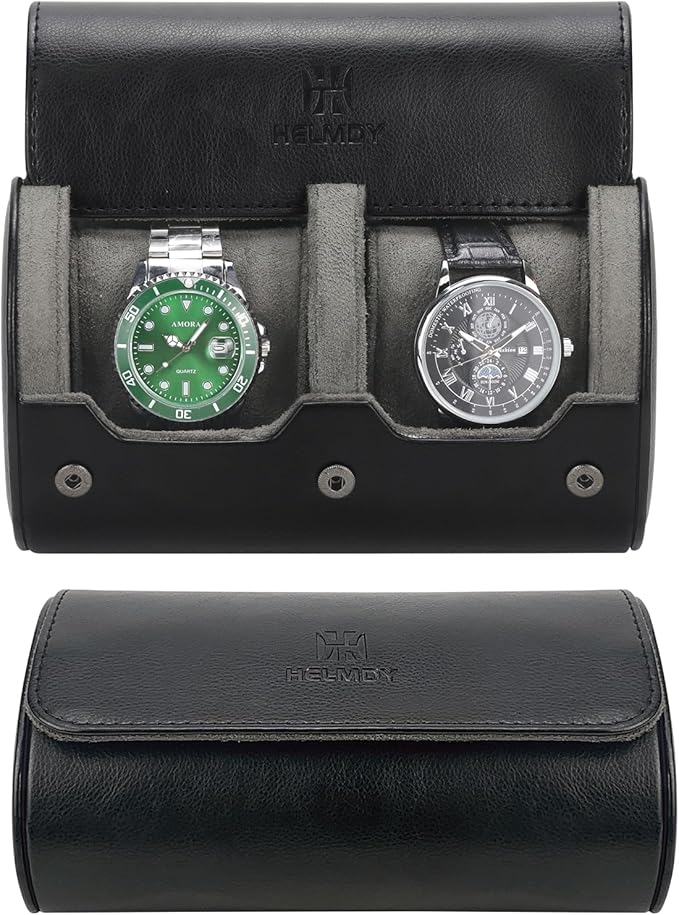 Travel Watch Case - Two Watch Roll Storage Box Organizer for Men's Women's Wristwatches & Smart Watches up to 50mm (Black / 2 Slot)