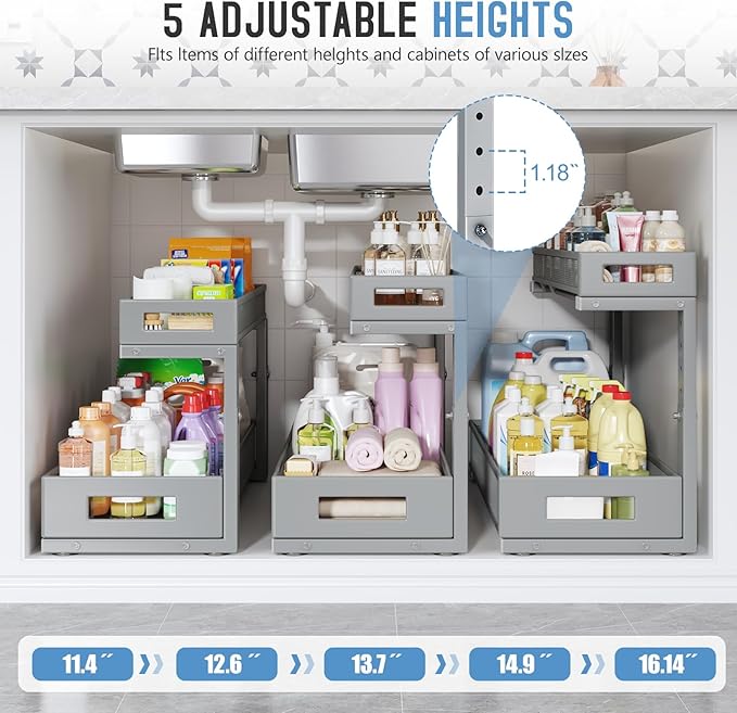 1 Pack 20.47IN Depth Under Sink Storage Organizer, Large 2-Tier Elegant Mesh Pull Out Shelf for Kitchen and Bathroom Cabinet Organization, L-Shaped and Adjustable Height Design-Gun Gray