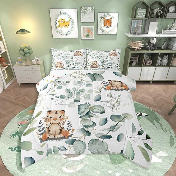 Erosebridal Kids Cute Animal Bedding King Size for Girls Boys Cartoon Tiger Comforter Set King, Spring Eucalyptus Duvet Insert Leaves Quilt Set, Kawaii Jungle Animal Bedding Comforters & Sets