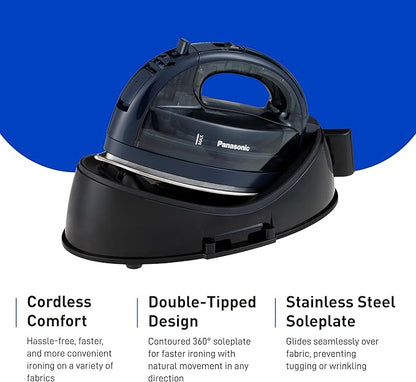 Panasonic NI-WL700A Cordless Steam/Dry Iron, 1500W Wide Stainless Steel Plate, Black/Dark Blue