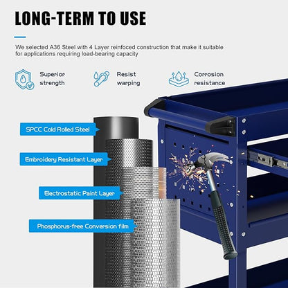 3 Tier Heavy Duty Tool Cart, Mechanic Metal Rolling Tool Carts Work Cart with Locked Drawers & Pegboard for Garage Workshop