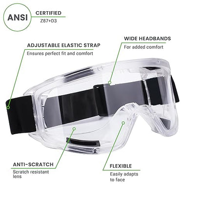AirGearPro Vision-1000 Anti-Fog Safety Goggles | Impact Resistant Protective Goggles | ANSI Z87.1 Work Goggles for Painting, Sanding, Dust, Woodworking, Construction, Chemistry, Laboratory (1 Pack)