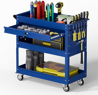 3 Tier Rolling Tool Cart with Drawers, 450 LBS Capacity Tool Cart on Wheels, Heavy Duty Rolling Utility Cart with Drawers, Rolling Utility Carts for Garage, Warehouse and Repair Shop,Blue