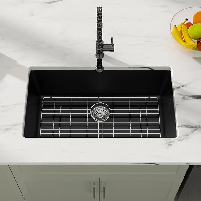 Dcolora 31 Inch Quartz Composite Black Kitchen Sink Undermount Sink Deep Single Bowl, 31"x18" Round Corner, DC-GU7748