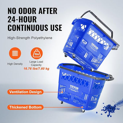 VEVOR Shopping Carts with Handles, 6PCS, 39L Plastic Rolling Shopping Basket with Wheels, Large Portable Shopping Basket Set for Supermarkets, Retail Stores, Grocery Shopping, Blue