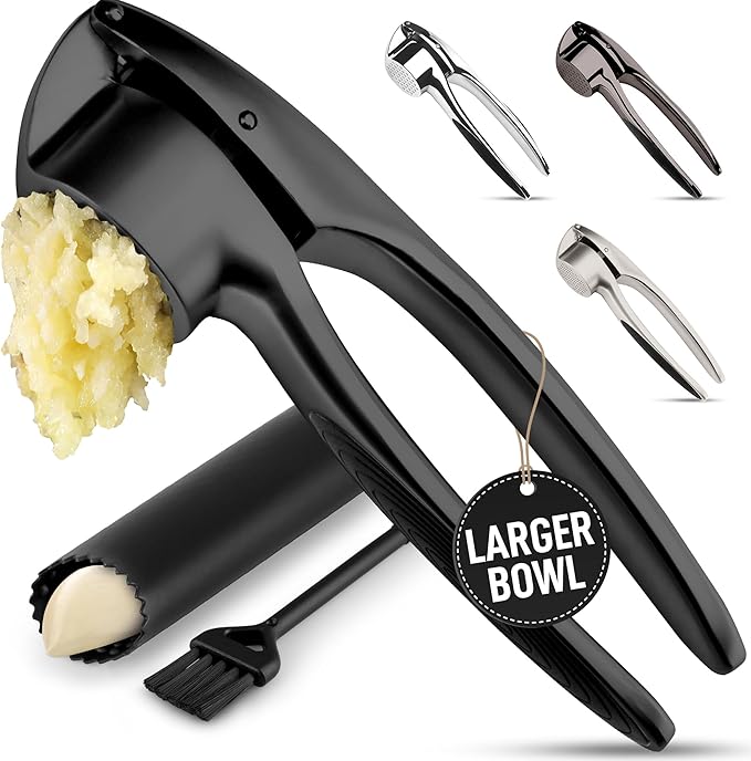 Zulay Kitchen Large Premium Garlic Press Set – Rust Proof & Dishwasher Safe, Bigger Bowl Garlic Mincer Tool with Silicone Garlic Peeler & Brush, Easy Squeeze & Clean, Ergonomic Handle - Black